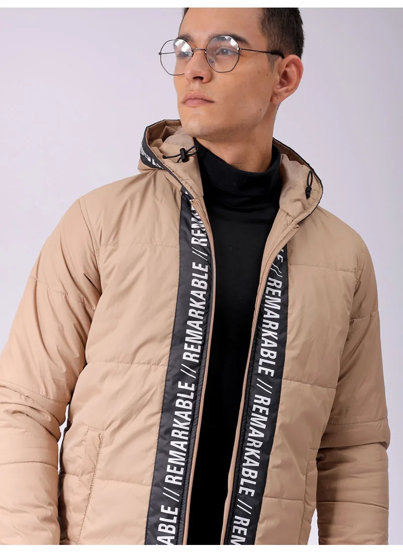 شركة المرآب الهندية Mens Camel Slim Fit Cut & Sew Hooded Zipper Placket Side Pocket Winter Jacket