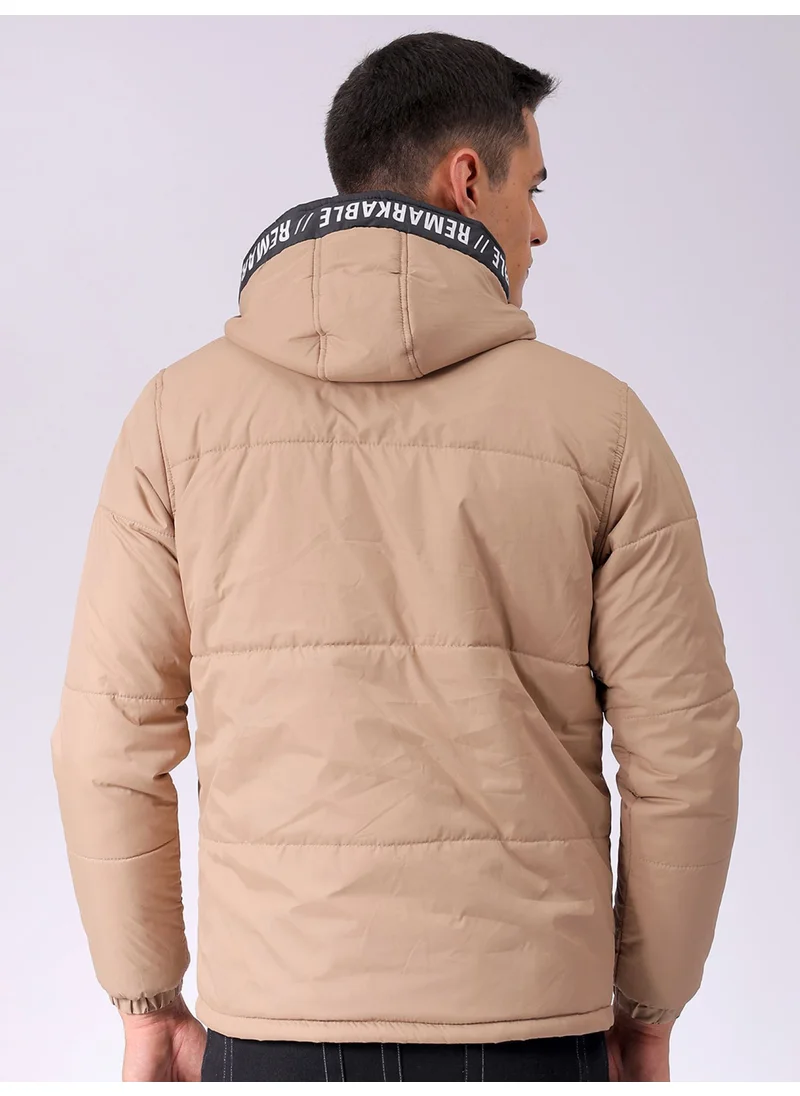 شركة المرآب الهندية Mens Camel Slim Fit Cut & Sew Hooded Zipper Placket Side Pocket Winter Jacket