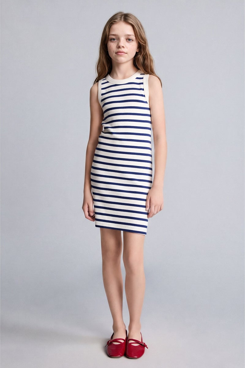 DeFacto Blue Girl Girl Neck Striped Sleeveless Dress Casual - Image 2