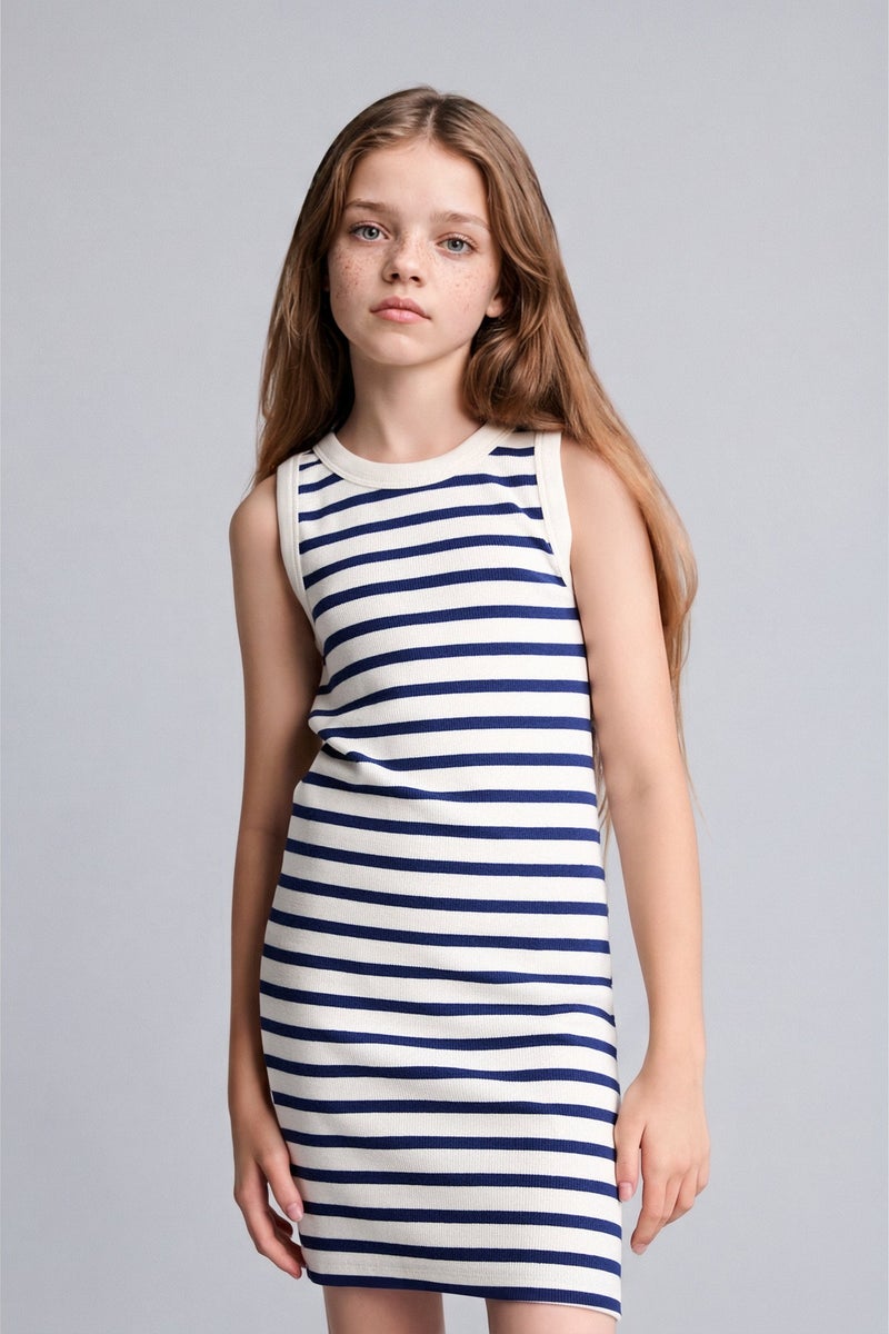 DeFacto Blue Girl Girl Neck Striped Sleeveless Dress Casual - Image 3