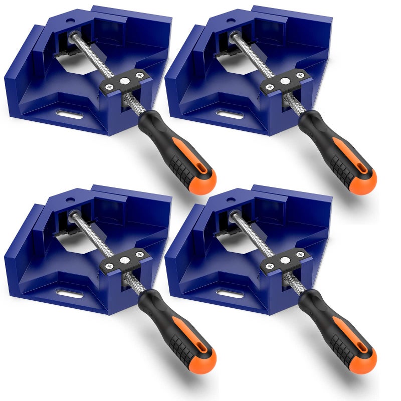 Housolution Right Angle Clamp, Housolution [4 PACK] Single Handle 90Â° Aluminum Alloy Corner Clamp, Right Angle Clip Clamp Tool Woodworking Photo Frame Vise Holder with Adjustable Swing Jaw - Blue - Image 1