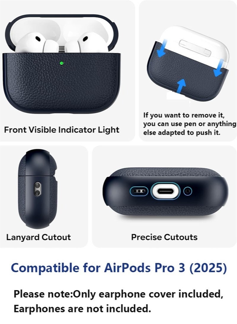 مستقبل نوفا حافظة لجهاز AirPods Pro الجيل الثالث، متوافقة مع AirPods Pro الجيل الثالث (2025)، غطاء حماية من السقوط مع سلسلة مفاتيح، جلد صناعي ليتشي، حافظة TPU واقية مقاومة للصدمات (أزرق داكن) - Image 4