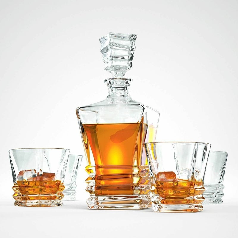 YZM YZM European Crystal Clear 7 Pcs Decanter and Glasses Set- Stylish 1 Decanter and 6 Pcs Glass Set - Perfect for Whiskey, Scotch, Wine(Stone Decanter + 06 Glass) (Dore Decanter + 06 Glass)  - Image 1