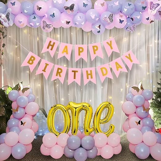 BRIJBAZAAR 1st Birthday Decoration Items - 69 Pcs Happy Birthday Decoration Kit with Pink Happy Birthday Banner (Cardstock) | 3D Butterflies for Decoration | 1st Birthday for Girls - Image 1