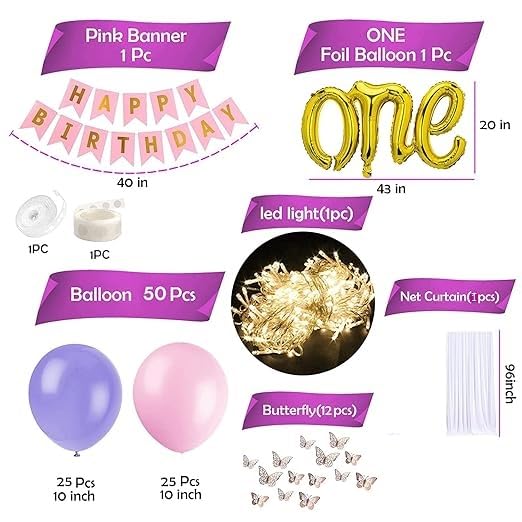 BRIJBAZAAR 1st Birthday Decoration Items - 69 Pcs Happy Birthday Decoration Kit with Pink Happy Birthday Banner (Cardstock) | 3D Butterflies for Decoration | 1st Birthday for Girls - Image 2