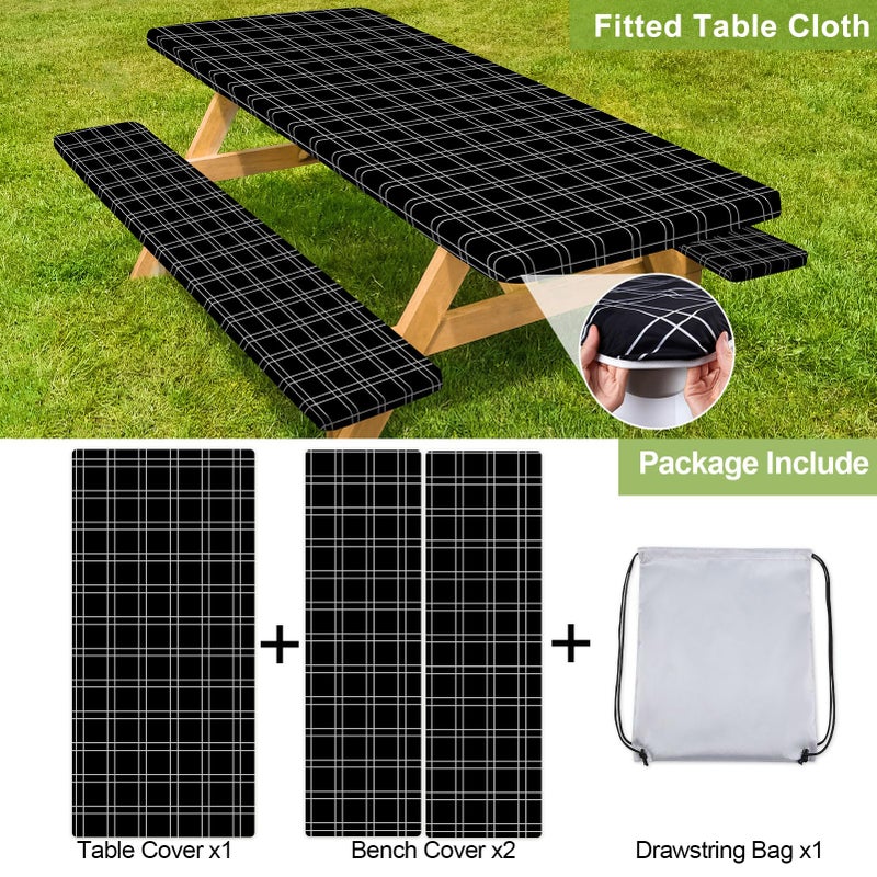 Play Tailor Picnic Table Cover with Bench Covers Camping Essentials Waterproof Windproof Camping Tablecloth with Drawstring Bag, Fitted Rectangle Tables and Seats, 72in, Black Checkered - Image 4