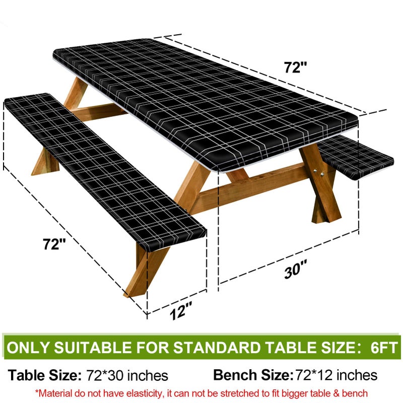 Play Tailor Picnic Table Cover with Bench Covers Camping Essentials Waterproof Windproof Camping Tablecloth with Drawstring Bag, Fitted Rectangle Tables and Seats, 72in, Black Checkered - Image 2