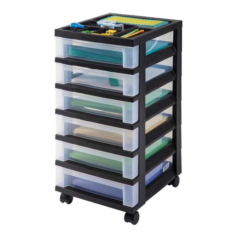 IRIS USA Plastic Drawer Storage Organizer Rolling Cart with Wheels Casters 6Drawers for Classroom Art Craft Supplies Dresser Closet Bathroom Dorm Bedroom Laundry Room BlackClear