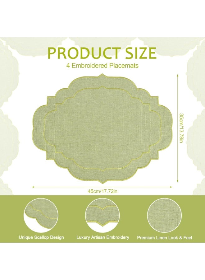 HOMESTAR Set of 4 Sage Green Embroidered Placemats - Cotton Linen Table Mats with Scalloped Edge, Floral Design for Wedding, Eid & Hospitality Decor, 17x14 Inch - Image 2