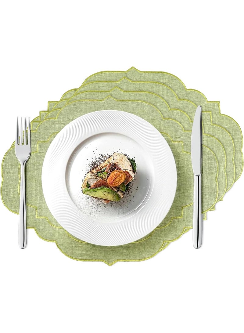 HOMESTAR Set of 4 Sage Green Embroidered Placemats - Cotton Linen Table Mats with Scalloped Edge, Floral Design for Wedding, Eid & Hospitality Decor, 17x14 Inch - Image 1