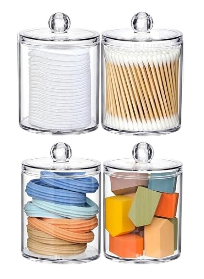 Arabest 4 Pack Holder Dispenser for Cotton Balls,Cotton Swabs,Cotton Round Pads,Floss Picks - 10oz Clear Plastic Apothecary Jar Set for Bathroom Jar Storage Organization,Vanity Makeup Organizer - Image 1