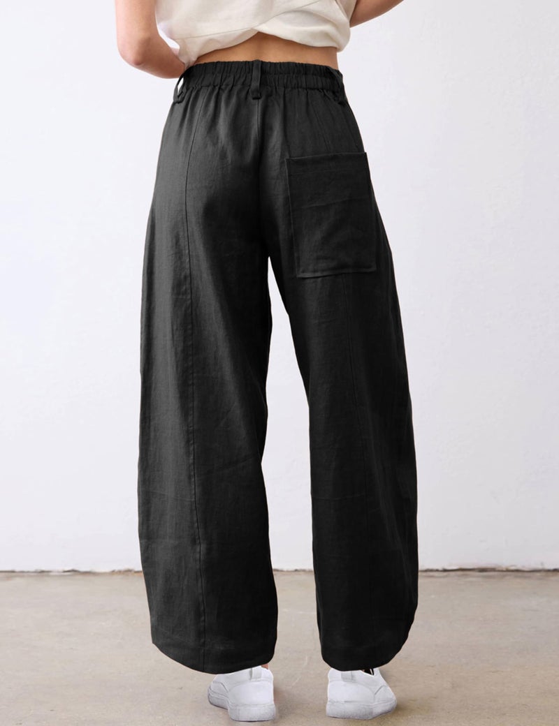 Tanming Womens Linen Pants Casual Capri Baggy Wide Leg Trousers Palazzo Pants Beach Vacation Outfits (Black-M) - Image 3