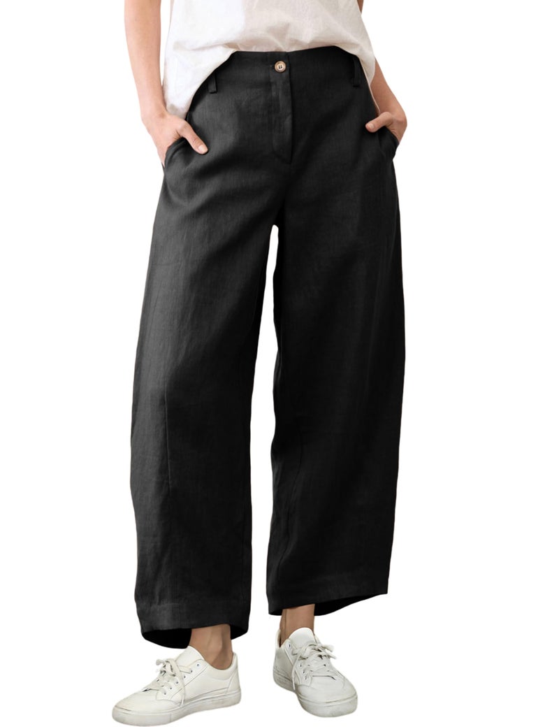Tanming Womens Linen Pants Casual Capri Baggy Wide Leg Trousers Palazzo Pants Beach Vacation Outfits (Black-M) - Image 1
