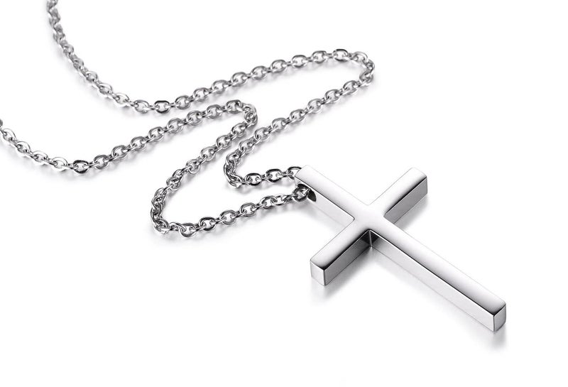 Reve Simple Stainless Steel Silver Tone Cross Pendant Chain Necklace for Men Women, 20-22 Inches (Men:1.7 * 1.02'' Pendant+22'' Chain) - Image 3
