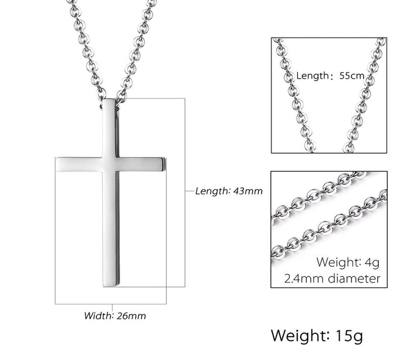 Reve Simple Stainless Steel Silver Tone Cross Pendant Chain Necklace for Men Women, 20-22 Inches (Men:1.7 * 1.02'' Pendant+22'' Chain) - Image 5