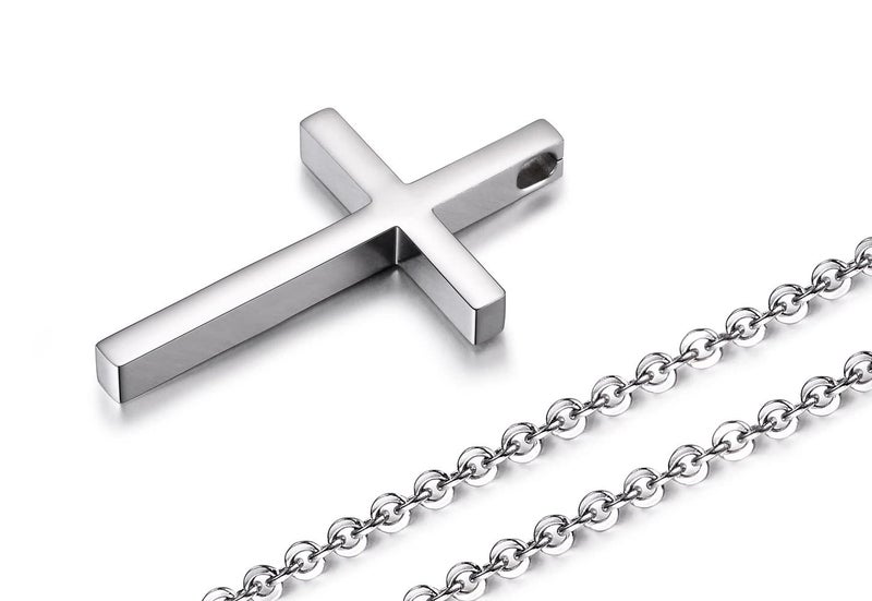 Reve Simple Stainless Steel Silver Tone Cross Pendant Chain Necklace for Men Women, 20-22 Inches (Men:1.7 * 1.02'' Pendant+22'' Chain) - Image 2