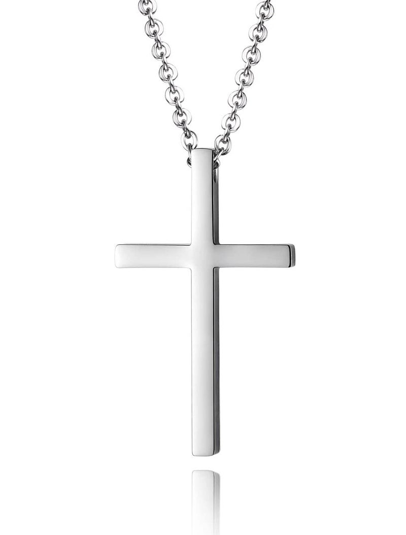 Reve Simple Stainless Steel Silver Tone Cross Pendant Chain Necklace for Men Women, 20-22 Inches (Men:1.7 * 1.02'' Pendant+22'' Chain) - Image 1