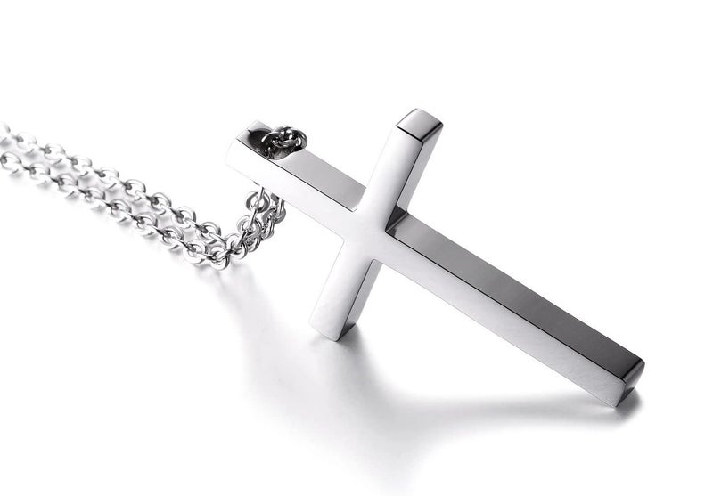 Reve Simple Stainless Steel Silver Tone Cross Pendant Chain Necklace for Men Women, 20-22 Inches (Men:1.7 * 1.02'' Pendant+22'' Chain) - Image 4