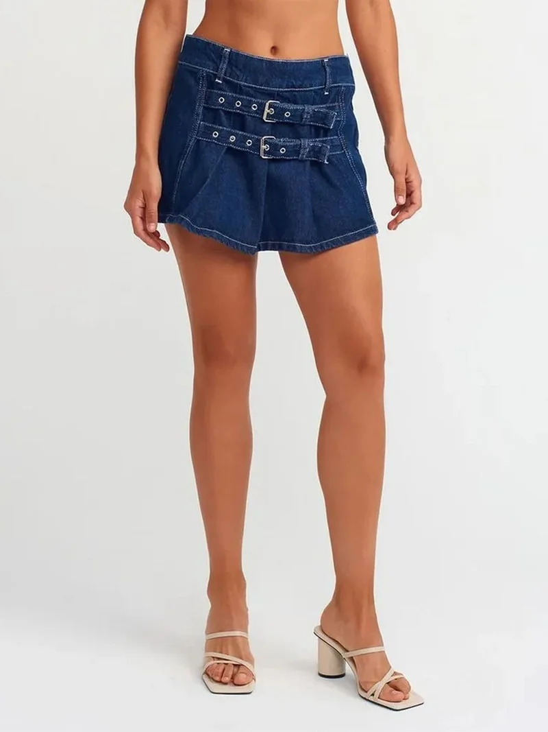 ديلفين DILVIN Belted Cotton Denim Mini Skirt