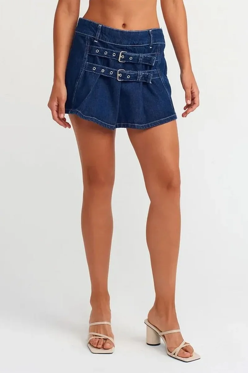 DILVIN Belted Cotton Denim Mini Skirt