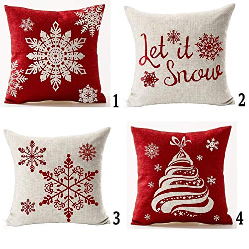 Andreannie Set of 4 Throw Pillow Cover Christmas Beige Shadow Let It Snow Snowflakes Red Cotton Linen Throw Pillow Case Cushion Cover for Sofa Bed Couch Home Decor Square 18 X 18 Inches(Blood Red) - Image 1