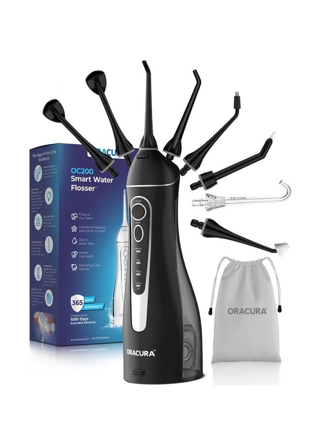 ORACURA ORACURA® OC200 Dental PRO Smart PLUS Water Flosser® Black, 8 Nozzle Tips, Portable & Rechargeable, Custom 8 Water Pressure Settings, 200ml Tank Capacity, IPX7 Waterproof, 365 Days Warranty  - Image 1