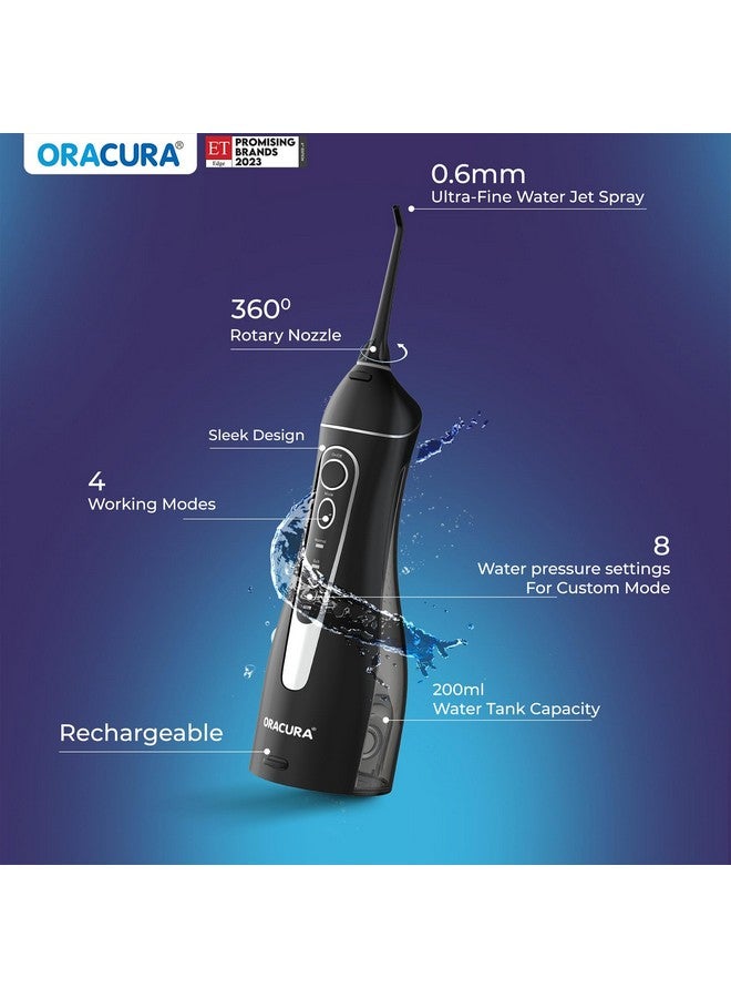 ORACURA ORACURA® OC200 Dental PRO Smart PLUS Water Flosser® Black, 8 Nozzle Tips, Portable & Rechargeable, Custom 8 Water Pressure Settings, 200ml Tank Capacity, IPX7 Waterproof, 365 Days Warranty  - Image 4