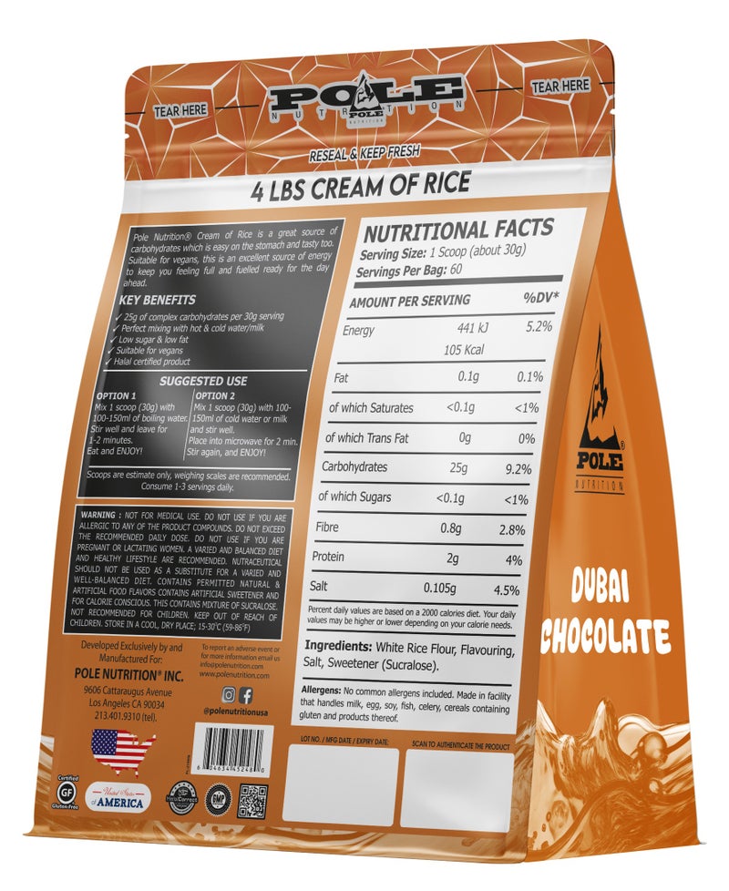 POLE NUTRITION Cream of Rice High Carbohydrate Rice Powder - Dubai Chocolate, 4 lbs (60 Servings) - Image 2