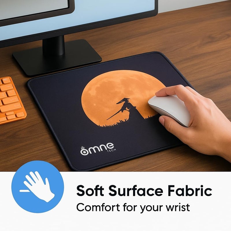 omne TECH Samurai Sunset Mouse Mat | Large Gaming Mouse Pad with 3mm Thick Anti-Slip Rubber Base | Smooth Speed Control Surface | Stitched Edges | Desk Pad for Office, Home & Gaming Setup - Image 4