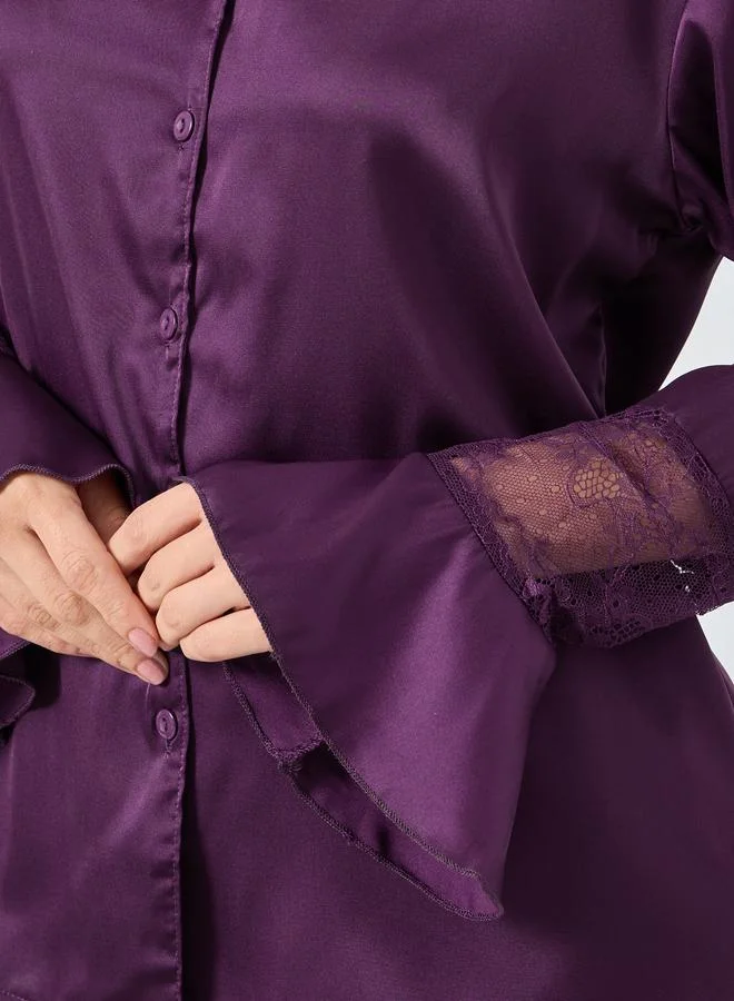 Styli Styli Matte Satin Lace Detail Shirt and Pyjama Set