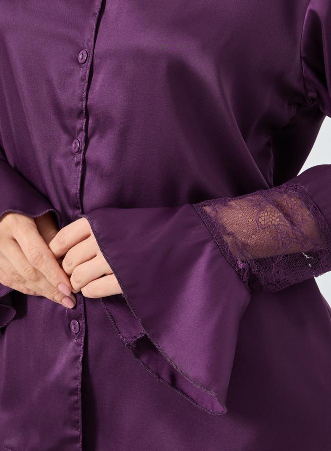 ستايلي طقم بيجاما من بلوزة ساتان وتفاصيل دانتيل مع بنطال - Image 3