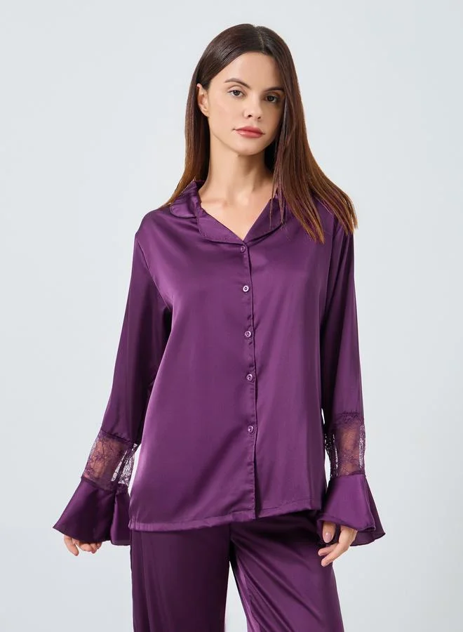 Styli Styli Matte Satin Lace Detail Shirt and Pyjama Set