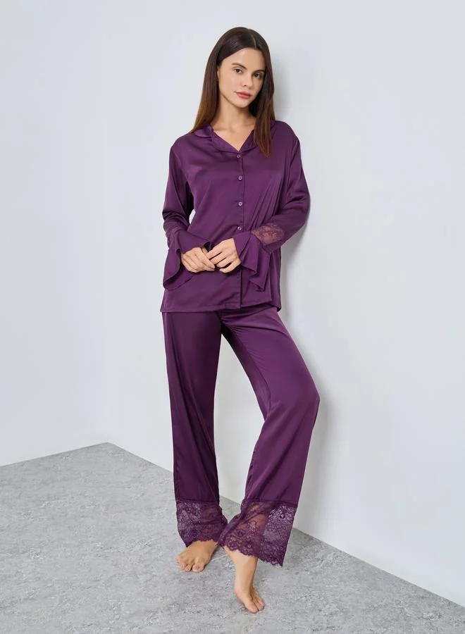 Styli Styli Matte Satin Lace Detail Shirt and Pyjama Set