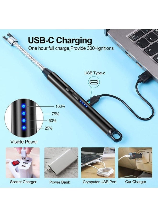 ماركة غير محددة - ولاعة قوسية، ولاعة إلكترونية عديمة اللهب مع مؤشر بطارية LED، ولاعة USB قابلة لإعادة الشحن ومقاومة للرياح والطقس للمطبخ والشواء والشموع والألعاب النارية وموقد الغاز، أسود - Image 1