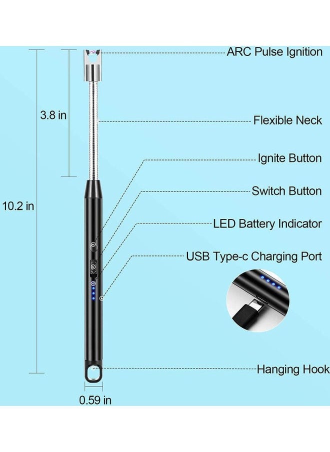 ماركة غير محددة - ولاعة قوسية، ولاعة إلكترونية عديمة اللهب مع مؤشر بطارية LED، ولاعة USB قابلة لإعادة الشحن ومقاومة للرياح والطقس للمطبخ والشواء والشموع والألعاب النارية وموقد الغاز، أسود - Image 1