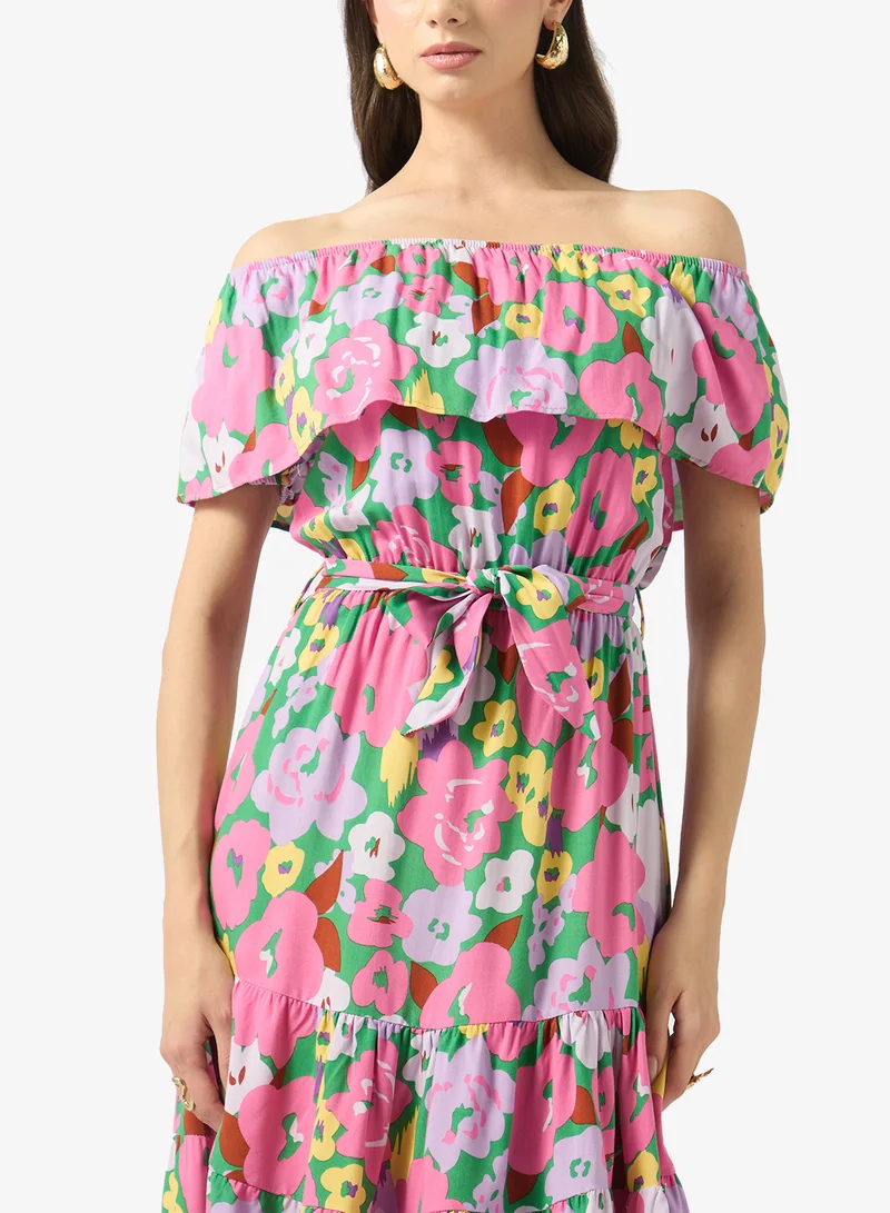 FYOR  Floral Off-Shoulder Tie-Waist Midi Dress for Women | Best Price UAE