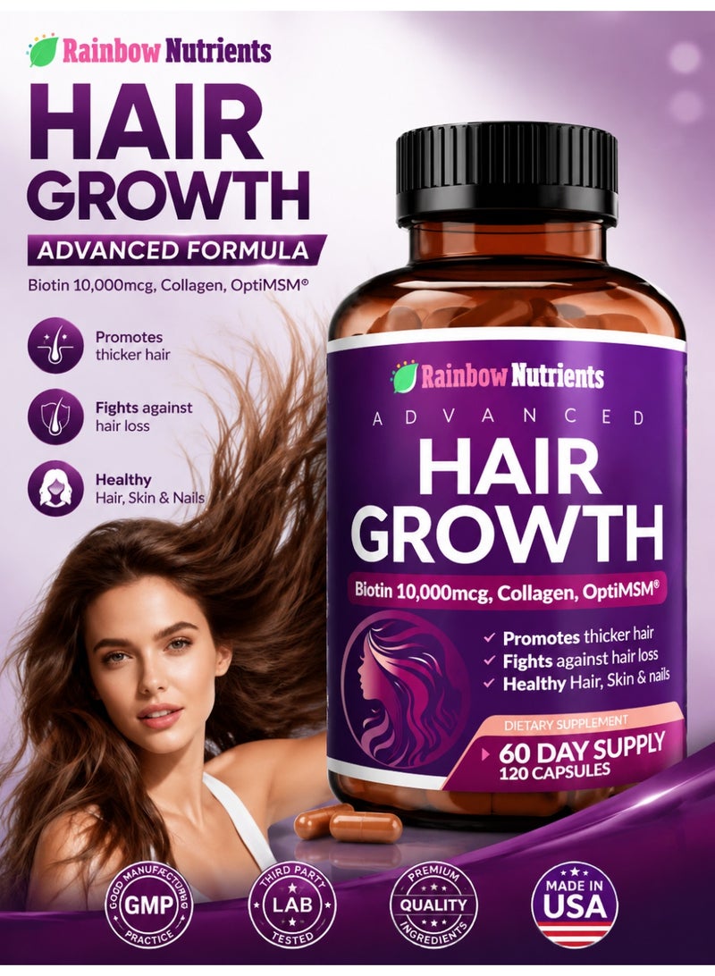 Rainbow Nutrients Hair Growth Vitamins for Women | Biotin 10,000mcg, Collagen, Saw Palmetto | Naturally Regrow Stronger & Healthier Hair, Skin and Nails | Stops Hair Loss | 60 Day Supply ﻿120 CAPSULES - Image 1
