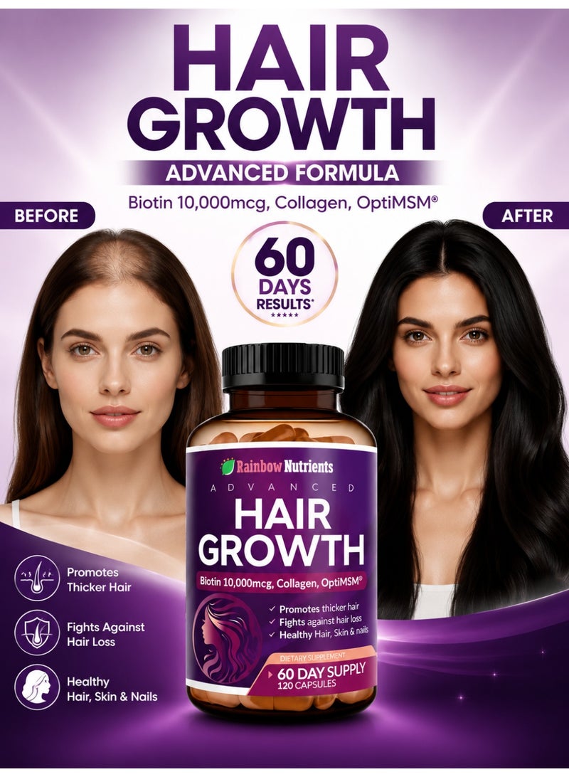 Rainbow Nutrients Hair Growth Vitamins for Women | Biotin 10,000mcg, Collagen, Saw Palmetto | Naturally Regrow Stronger & Healthier Hair, Skin and Nails | Stops Hair Loss | 60 Day Supply ﻿120 CAPSULES - Image 4