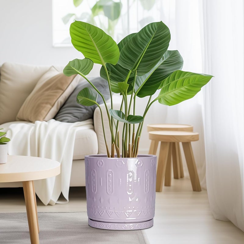 Eightpot 10 Inch Ceramic Planter Pot Plant Pot with Drainage Hole and Saucer, Round Large Flower Pot for Indoor Plants Outdoor Garden Planter Pot, Purple - Image 4