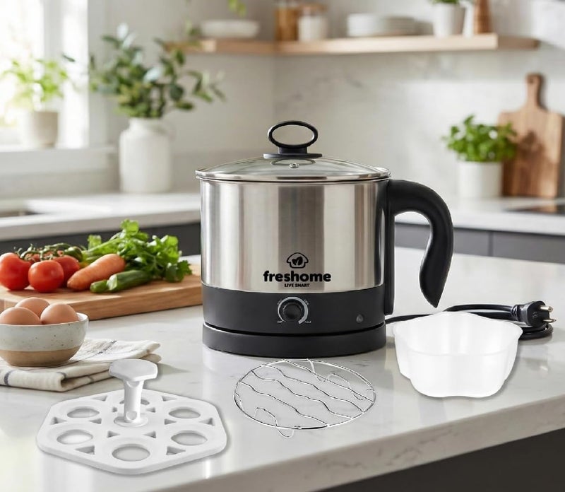 FRESHOME Electric Multipurpose Kettle 1.2L, 600W, with Stainless Steel Body, Egg Rack, Grill Rack, 3 Heating Modes & Rapid Boil Technology, Boiling Water, Tea, Coffee, Oats, Noodle, Soup (Silver) - Image 1