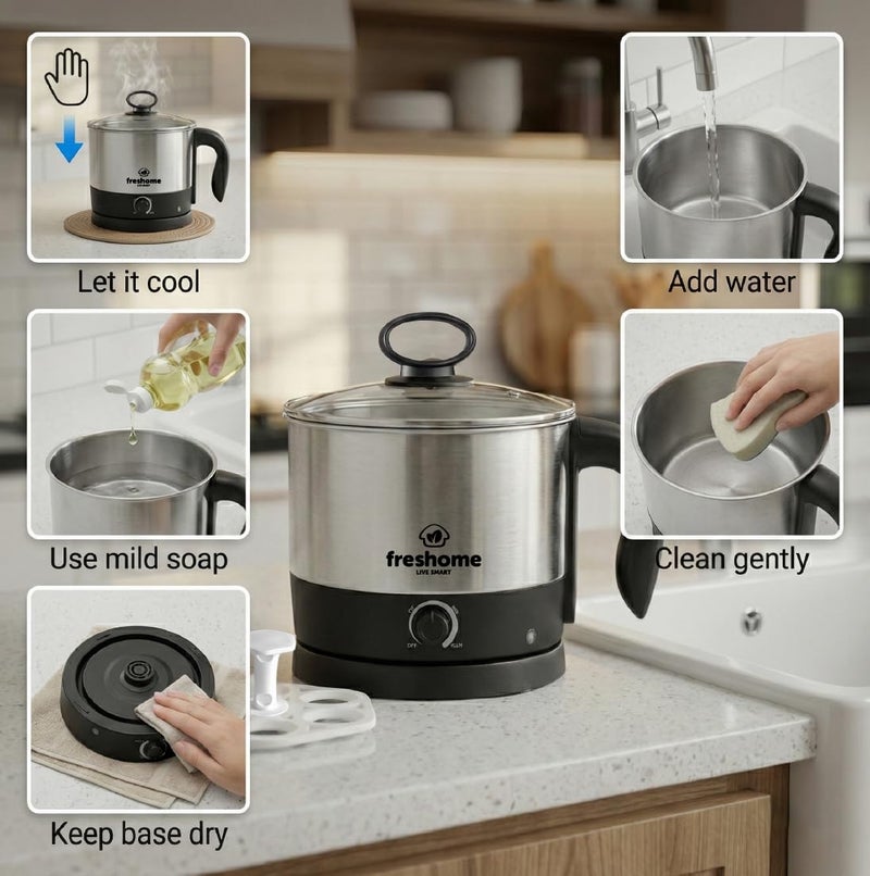 FRESHOME Electric Multipurpose Kettle 1.2L, 600W, with Stainless Steel Body, Egg Rack, Grill Rack, 3 Heating Modes & Rapid Boil Technology, Boiling Water, Tea, Coffee, Oats, Noodle, Soup (Silver) - Image 4