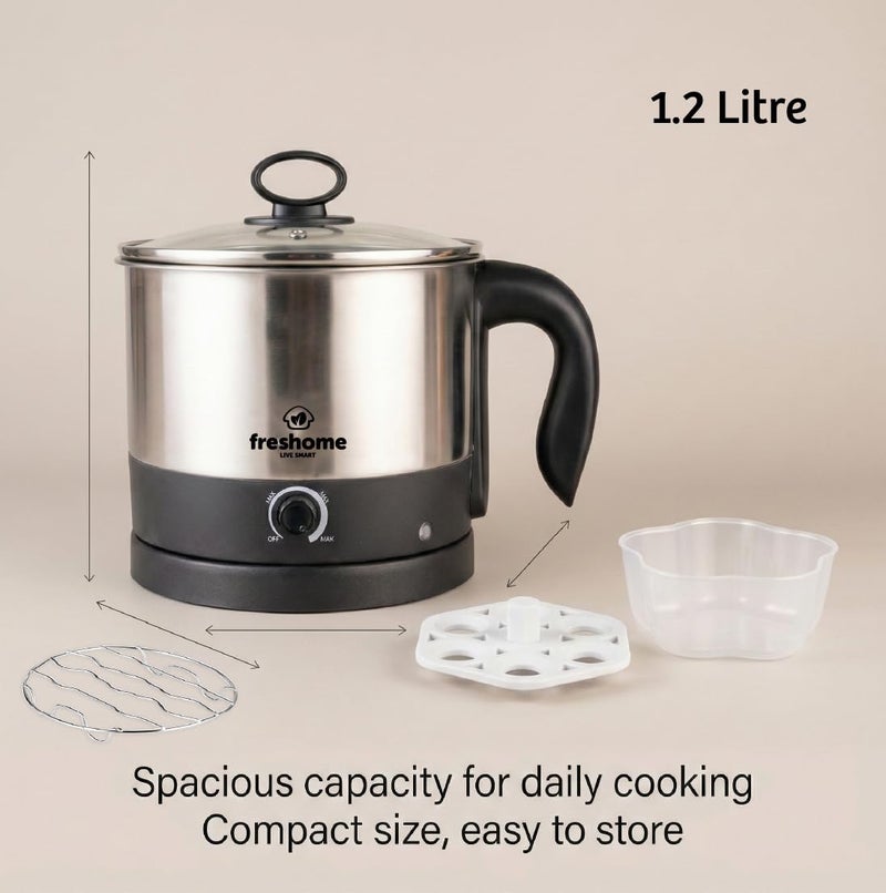 FRESHOME Electric Multipurpose Kettle 1.2L, 600W, with Stainless Steel Body, Egg Rack, Grill Rack, 3 Heating Modes & Rapid Boil Technology, Boiling Water, Tea, Coffee, Oats, Noodle, Soup (Silver) - Image 3