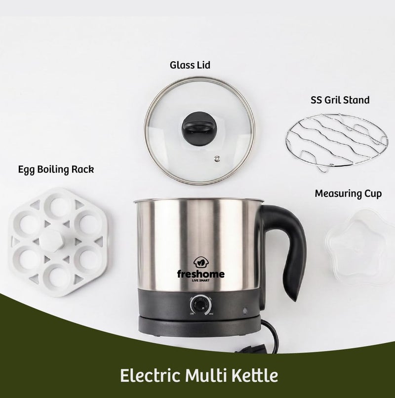 FRESHOME Electric Multipurpose Kettle 1.2L, 600W, with Stainless Steel Body, Egg Rack, Grill Rack, 3 Heating Modes & Rapid Boil Technology, Boiling Water, Tea, Coffee, Oats, Noodle, Soup (Silver) - Image 5