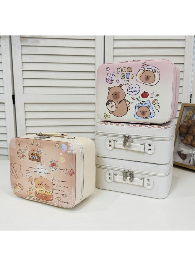 Generic Cosmetic Case With Mirror Large Capacity Portable Cosmetic Case Small Suitcase Cute Women's Travel Wash Storage Bag Waterproof-Color:White Lotus Bear With Mirror And Strap-Size:12inch - Image 1
