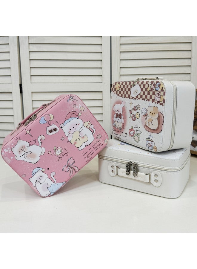 Generic Cosmetic Case With Mirror Large Capacity Portable Cosmetic Case Small Suitcase Cute Women's Travel Wash Storage Bag Waterproof-Color:White Lotus Bear With Mirror And Strap-Size:12inch - Image 2