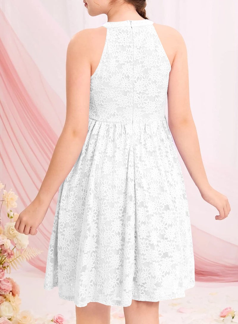 HOSIKA Girls Birthday Party Dresses Elegant Halter Neck Sleeveless Floral Lace Girls Dress for Kids 6-12 Years White - Image 5