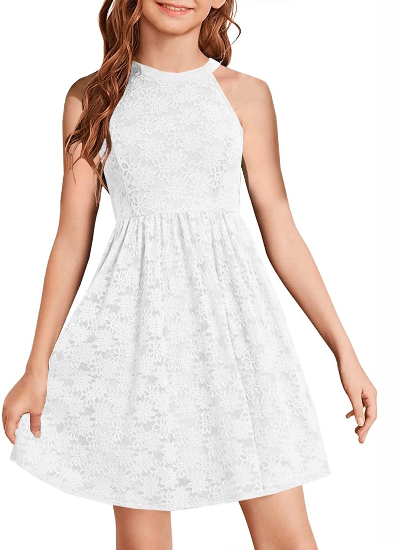 HOSIKA Girls Birthday Party Dresses Elegant Halter Neck Sleeveless Floral Lace Girls Dress for Kids 6-12 Years White - Image 1