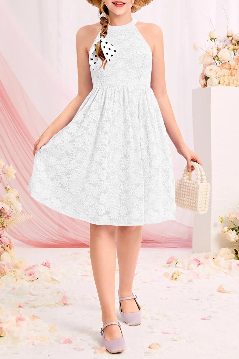 HOSIKA Girls Birthday Party Dresses Elegant Halter Neck Sleeveless Floral Lace Girls Dress for Kids 6-12 Years White - Image 2