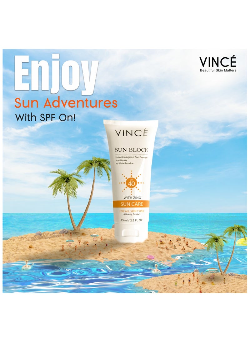 VINCE - Sunblock SPF 40 – Broad-Spectrum Protection against Sun’s Harmful UVA/UVB Rays, Pollution & Infrared – Hydrates, Soothes & Prevents Premature Aging – Lightweight, No White Cast, 75ml - Image 1