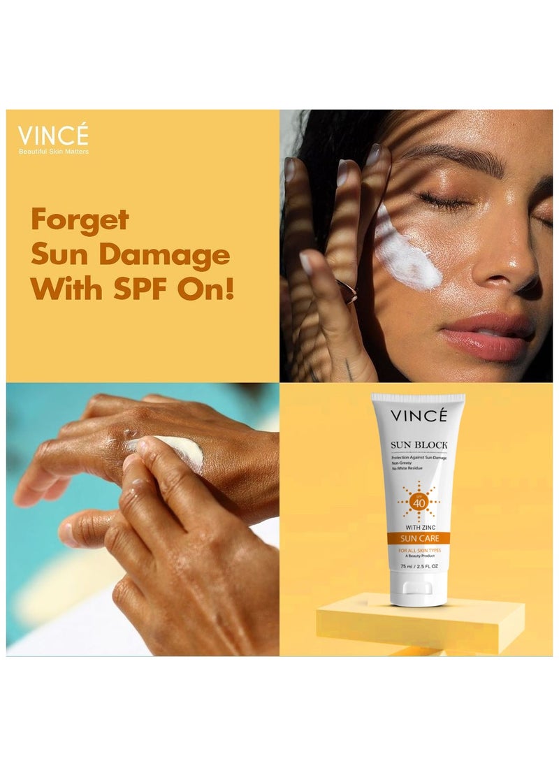 VINCE - Sunblock SPF 40 – Broad-Spectrum Protection against Sun’s Harmful UVA/UVB Rays, Pollution & Infrared – Hydrates, Soothes & Prevents Premature Aging – Lightweight, No White Cast, 75ml - Image 1